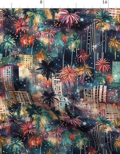 Miami at New Year’s in Watercolors with Fairy Lights and Landmarks Fabric