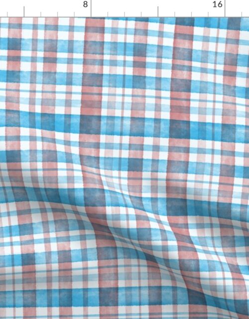 Mid Blue and Rose Watercolor Tartan Checked Plaid Fabric