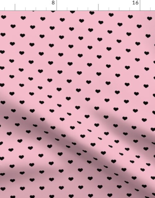 Mini Black Valentines Polkadot Love Hearts on Blush Pink Background Fabric