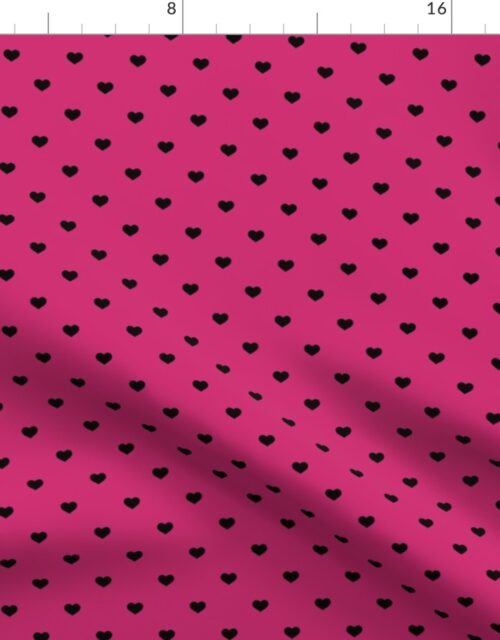 Mini Black Valentines Polkadot Love Hearts on Bubble Gum Pink Background Fabric