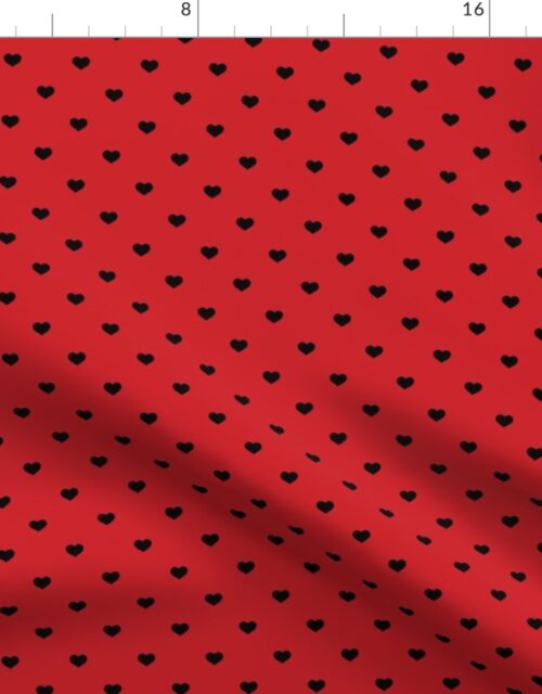 Mini Black Valentines Polkadot Love Hearts on Poppy Red Background Fabric