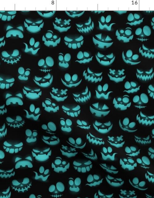 Mini Grinning Halloween Jack o Lantern Faces in Aqua on Black Fabric