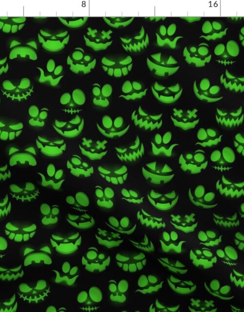 Mini Grinning Halloween Jack o Lantern Faces in Neon Green on Black Fabric