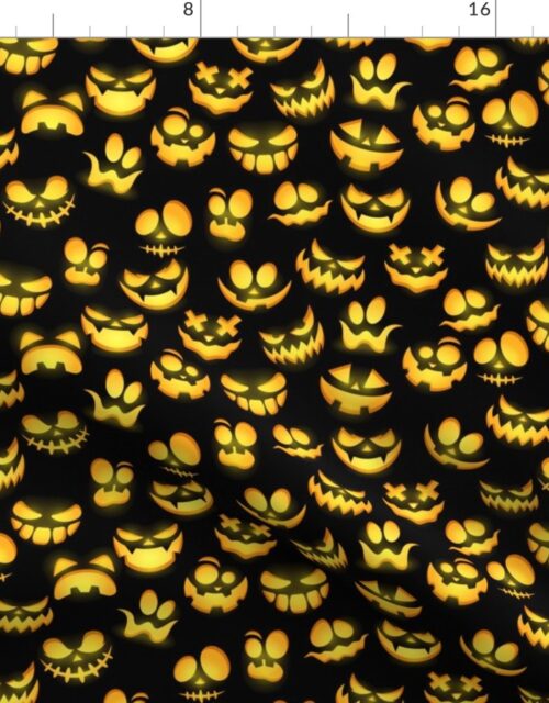 Mini Grinning Halloween Jack o Lantern Faces in Orange on Black Fabric