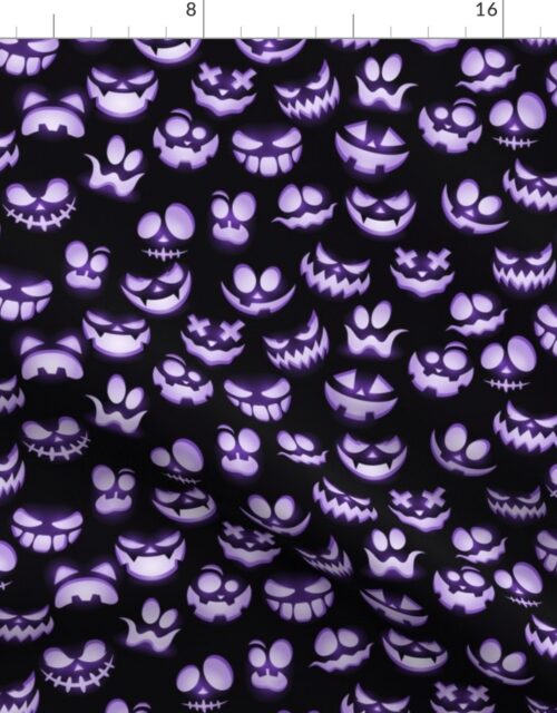 Mini Grinning Halloween Jack o Lantern Faces in Purple on Black Fabric