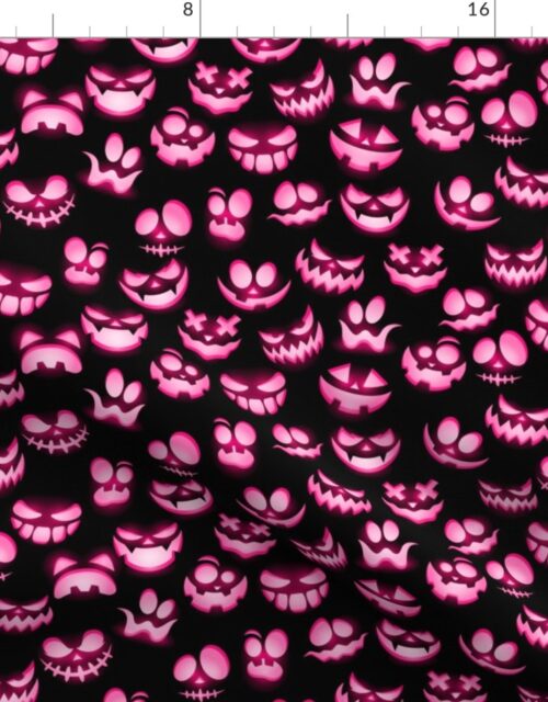 Mini Grinning Halloween Jack o Lantern in Bright Pink on Black Fabric