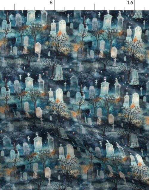Mini Haunted Graveyard and Night Mist Blue Moonlight with Ghosts Fabric