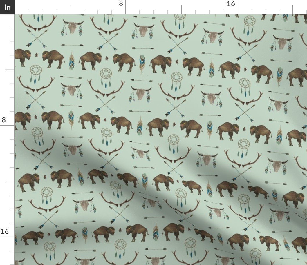 Mini Sage Prairie Buffalo Watercolor Western Pattern Fabric