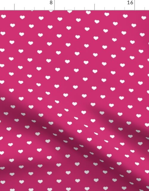 Mini White Valentines Polkadot Love Hearts on Bubble Gum Pink Background Fabric