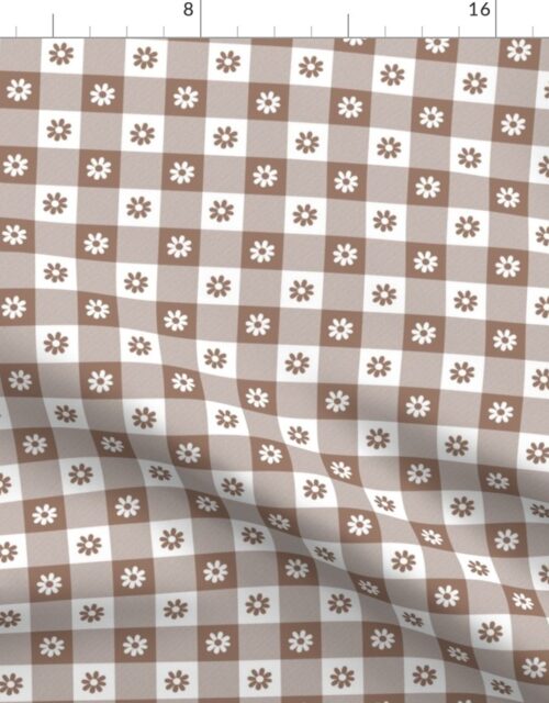 Mocha  and White Gingham Floral Check with Center Floral Medallions in Mocha and White Fabric