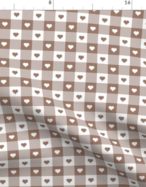 Mocha and White Gingham Valentines Check with Center Heart Medallions in Mushroom and White Fabric