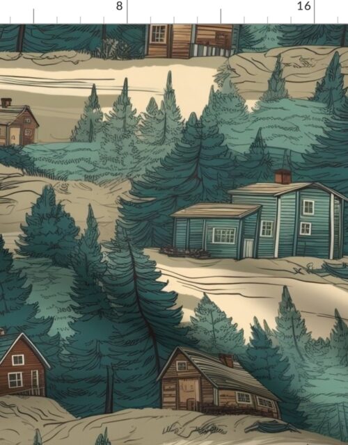 Montana Treescape Evergreens with Cabins Fabric