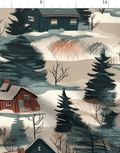 Montana Winter Cabins Montana with Evergreens Fabric