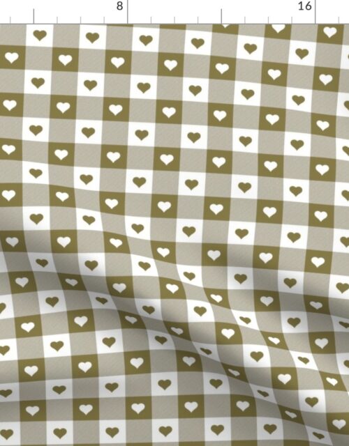 Moss and White Gingham Valentines Check with Center Heart Medallions in Moss and White Fabric