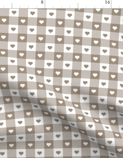 Mushroom and White Gingham Valentines Check with Center Heart Medallions in Mushroom and White Fabric