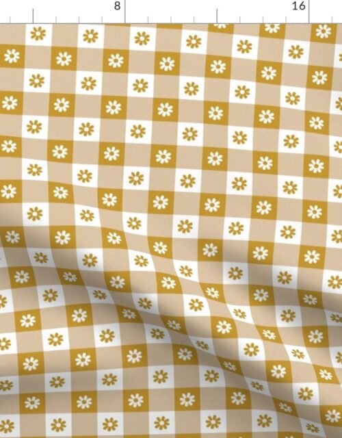 Mustard  and White Gingham Floral Check with Center Floral Medallions in Mustard and White Fabric
