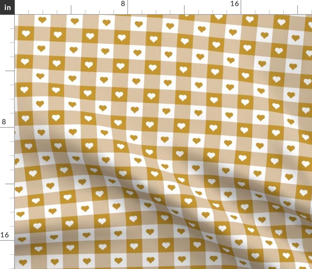 Mustard and White Gingham Valentines Check with Center Heart Medallions in Mustard and White Fabric