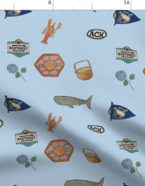 Nantucket Island Hand-Painted Watercolors of its Symbols, Signs and Motifs on Blue Fabric