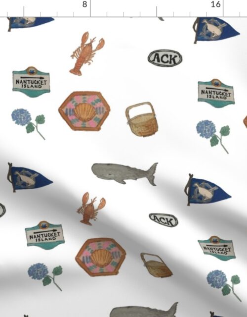 Nantucket Island Hand-Painted Watercolors of its Symbols, Signs and Motifs on White Fabric