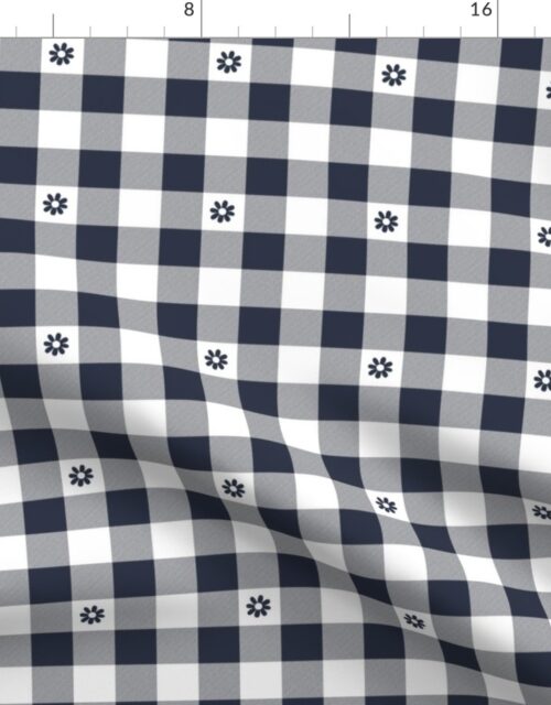 Navy Blue and White Gingham Check with Center Floral Medallions in Navy Fabric