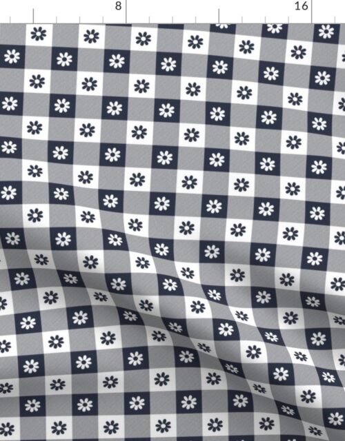 Navy Blue and White Gingham Check with Center Floral Medallions in Navy and White Fabric