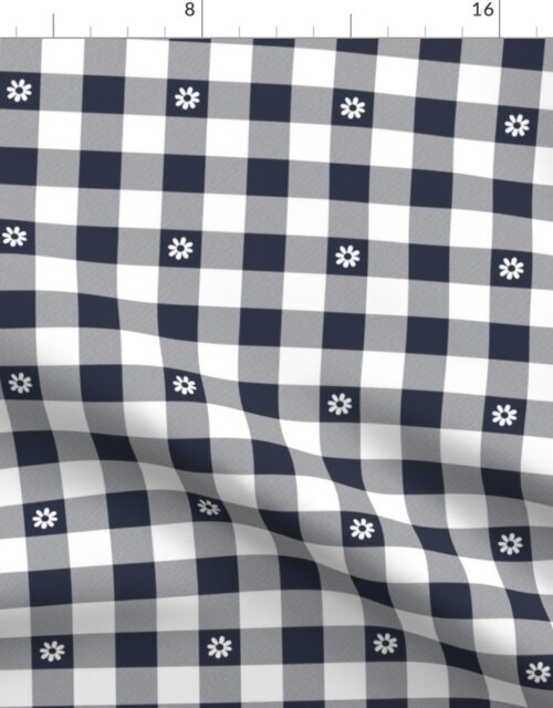 Navy Blue and White Gingham Check with Center Floral Medallions in White Fabric