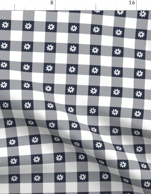 Navy Blue and White Gingham Check with Center Floral Medallions in White Fabric