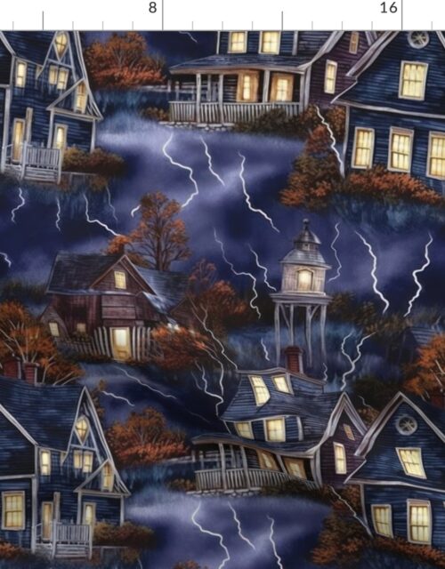 New England Haunted Village at Night with Lightning Storm Fabric
