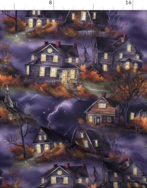 New England Haunted Village at Night with Purple Spooky Lightning Storm Fabric