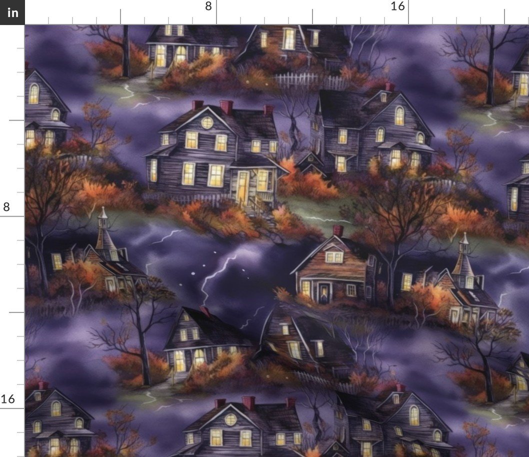 New England Haunted Village at Night with Purple Spooky Lightning Storm Fabric