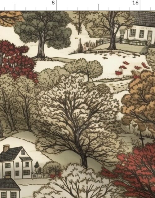 New England Village Houses with Trees in Muted Colors Fabric