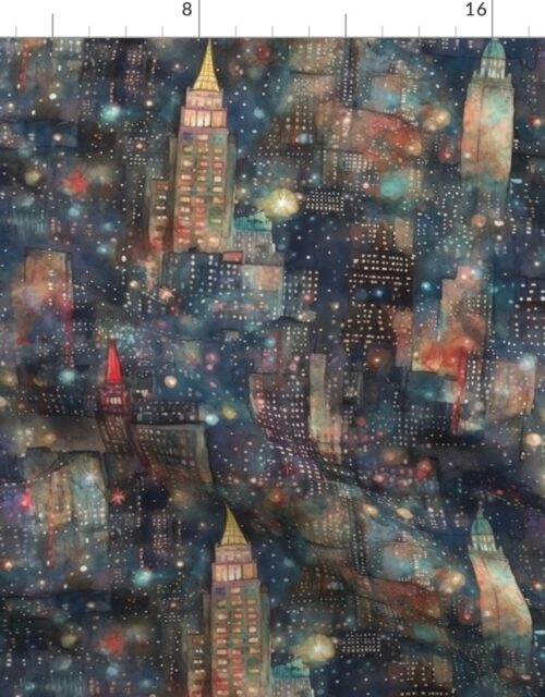 New York City at New Year’s in Watercolors with Fairy Lights and Landmarks Fabric