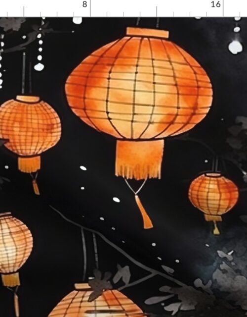 Orange Glowing Chinese Paper Lanterns Watercolor Fabric