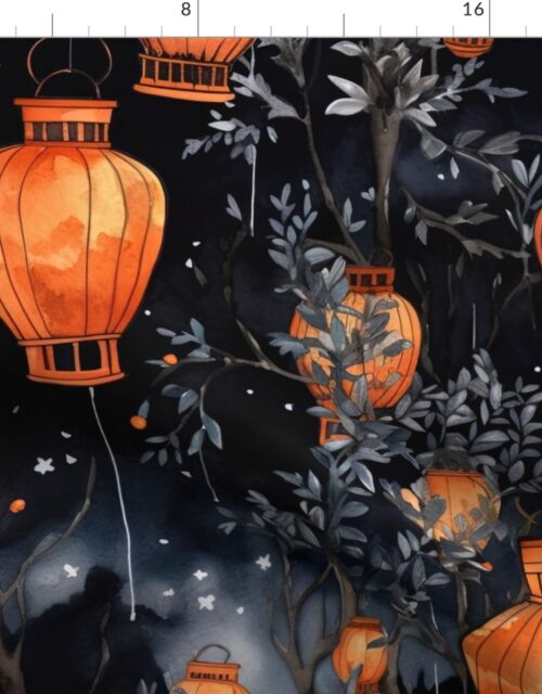 Orange Glowing Chinese Paper Lanterns Watercolor Fabric