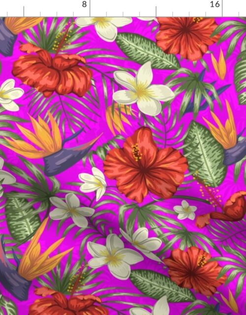 Orchid Pink and Red Hawaiian Birds of Paradise and Plumeria Fabric