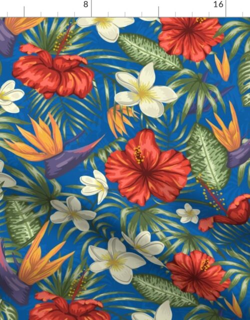 Pacific Blue Hibiscus Tropical Rainforest Birds and Plumeria Fabric
