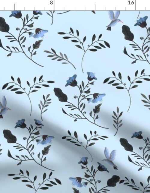 Pale Blue Bluebells and Bluebirds Floral Pattern on Pale Blue Fabric