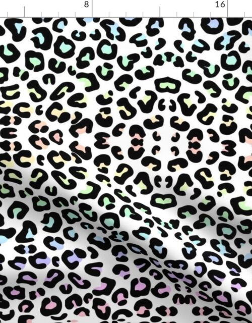 Pale Pastel Rainbow Colored Leopard Spots on White Fabric