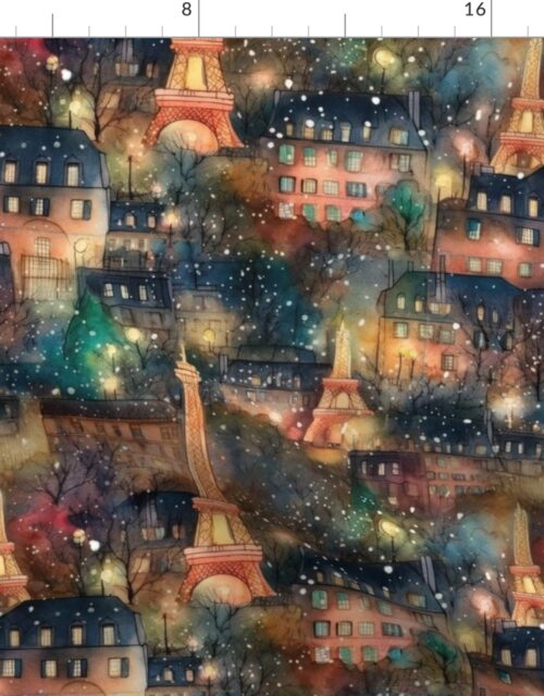 Paris City Christmas Street Watercolor in Multi Fabric