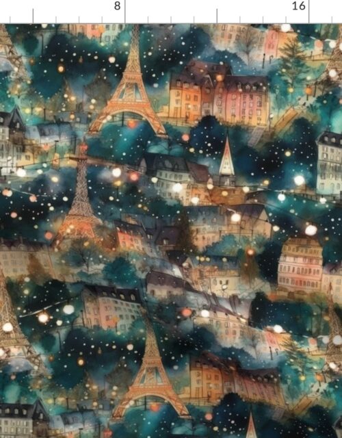 Paris City Christmas Street Watercolor in Teal Fabric