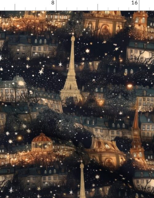 Paris City Christmas at Midnight Street Watercolor Fabric