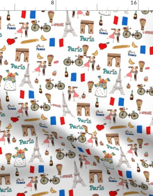 Paris France Handdrawn Motifs Eiffel Tower, Baguettes, Arc de Triomphe, Tricolor on White Fabric