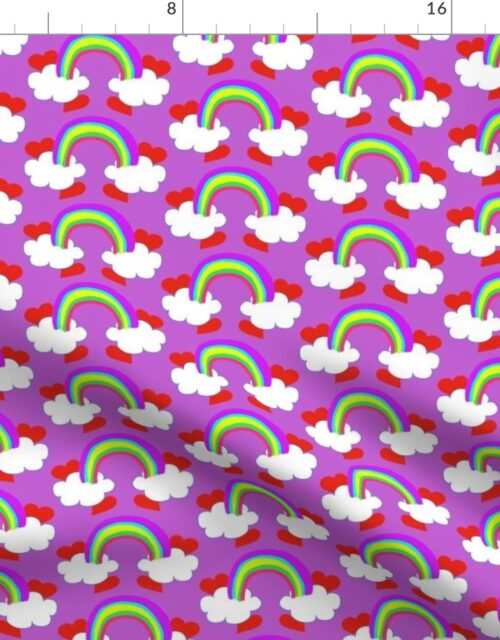 Pastel Rainbow Bridge On Lilac with Red Love Hearts and White Clouds Fabric