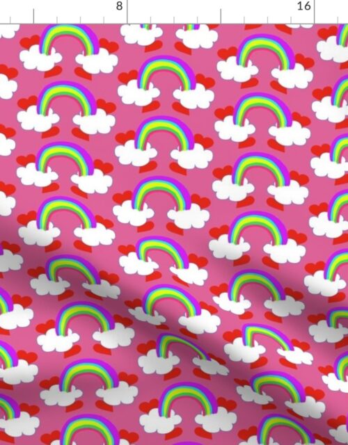 Pastel Rainbow Bridge On Pink with Red Love Hearts and White Clouds Fabric