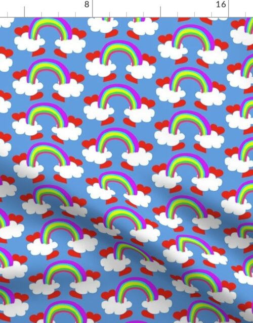 Pastel Rainbow Bridge On Sky Blue with Red Love Hearts and White Clouds Fabric