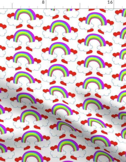 Pastel Rainbow Bridge On White with Red Love Hearts and White Clouds Fabric