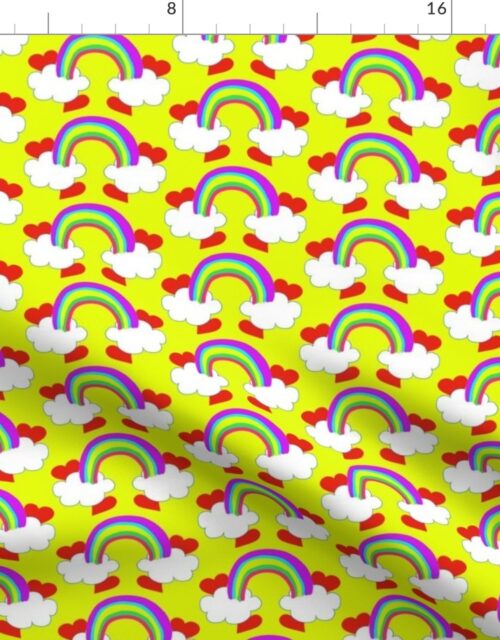 Pastel Rainbow Bridge On Yellow with Red Love Hearts and White Clouds Fabric