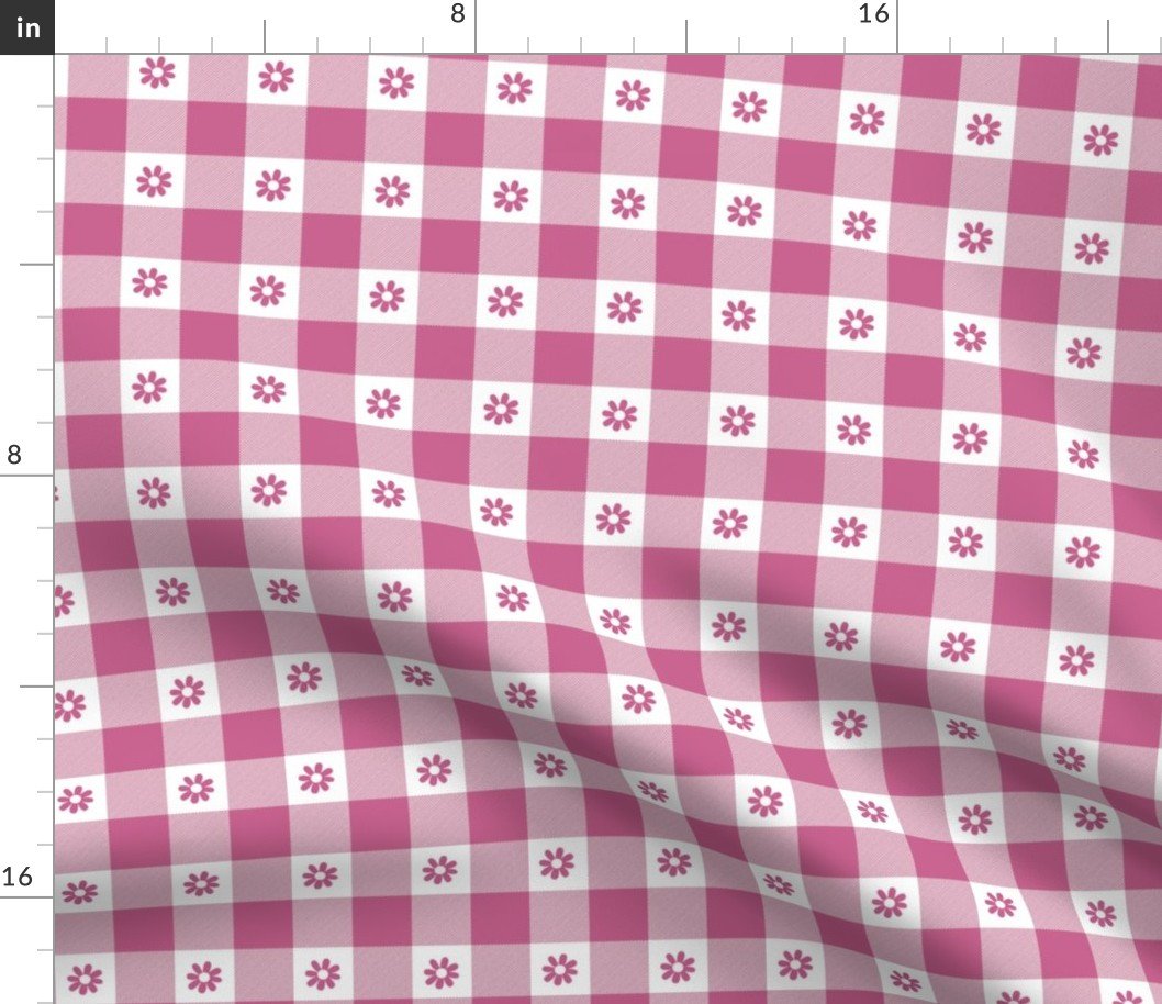 Peony Pink and White Gingham Check with Center Floral Medallions in Peony Fabric