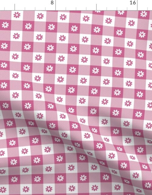 Peony Pink and White Gingham Check with Center Floral Medallions in Peony and White Fabric