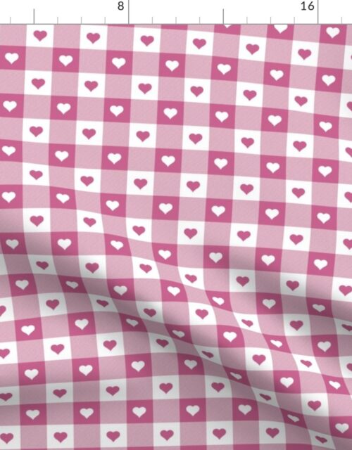 Peony and White Gingham Valentines Check with Center Heart Medallions in Peony and White Fabric